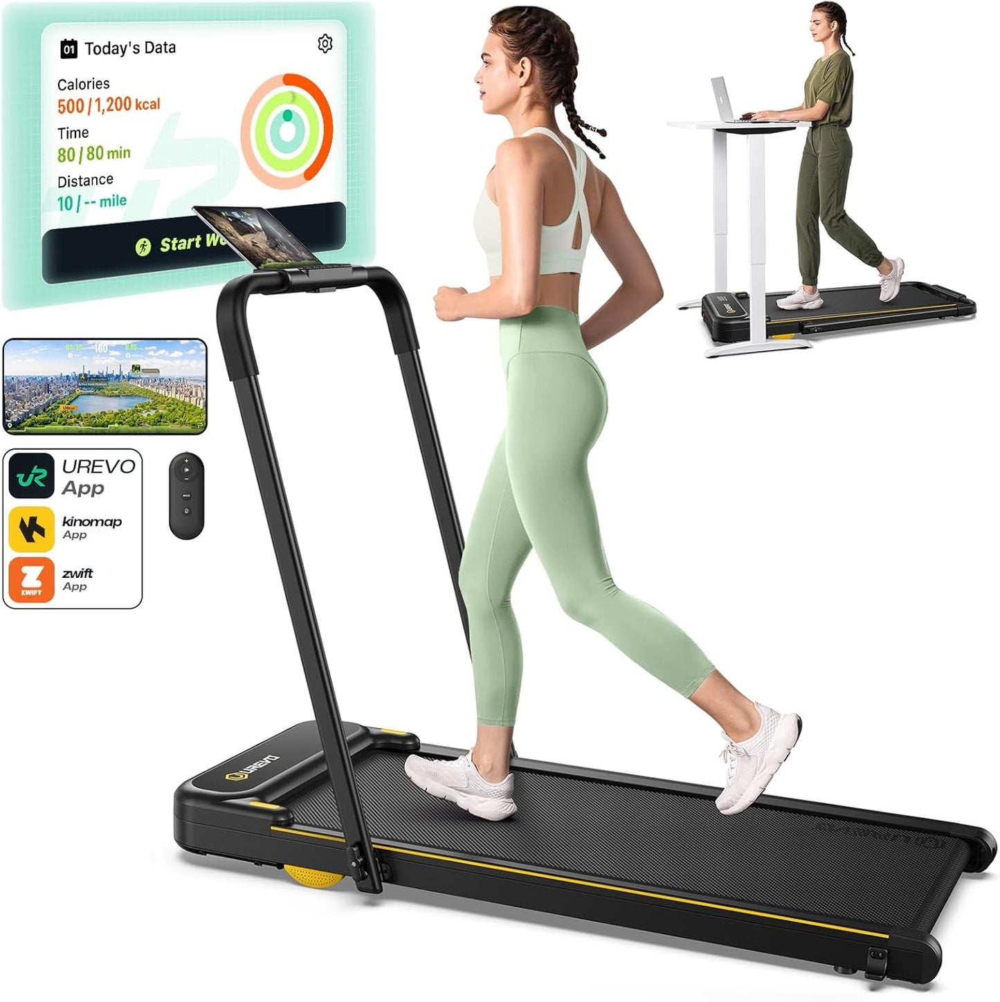 Smart 2-In-1 Folding Treadmill, Compact Walking Pad with Safety Handle, Plug and Play, Dual LED Display, Workout APP, Walking or Running for Home Office, Remote Included