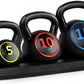 3-Piece Kettlebell Set with Storage Rack, HDPE Coated Exercise Fitness Concrete Weights for Home Gym, Strength Training, HIIT Workout 5Lb, 10Lb, 15Lb
