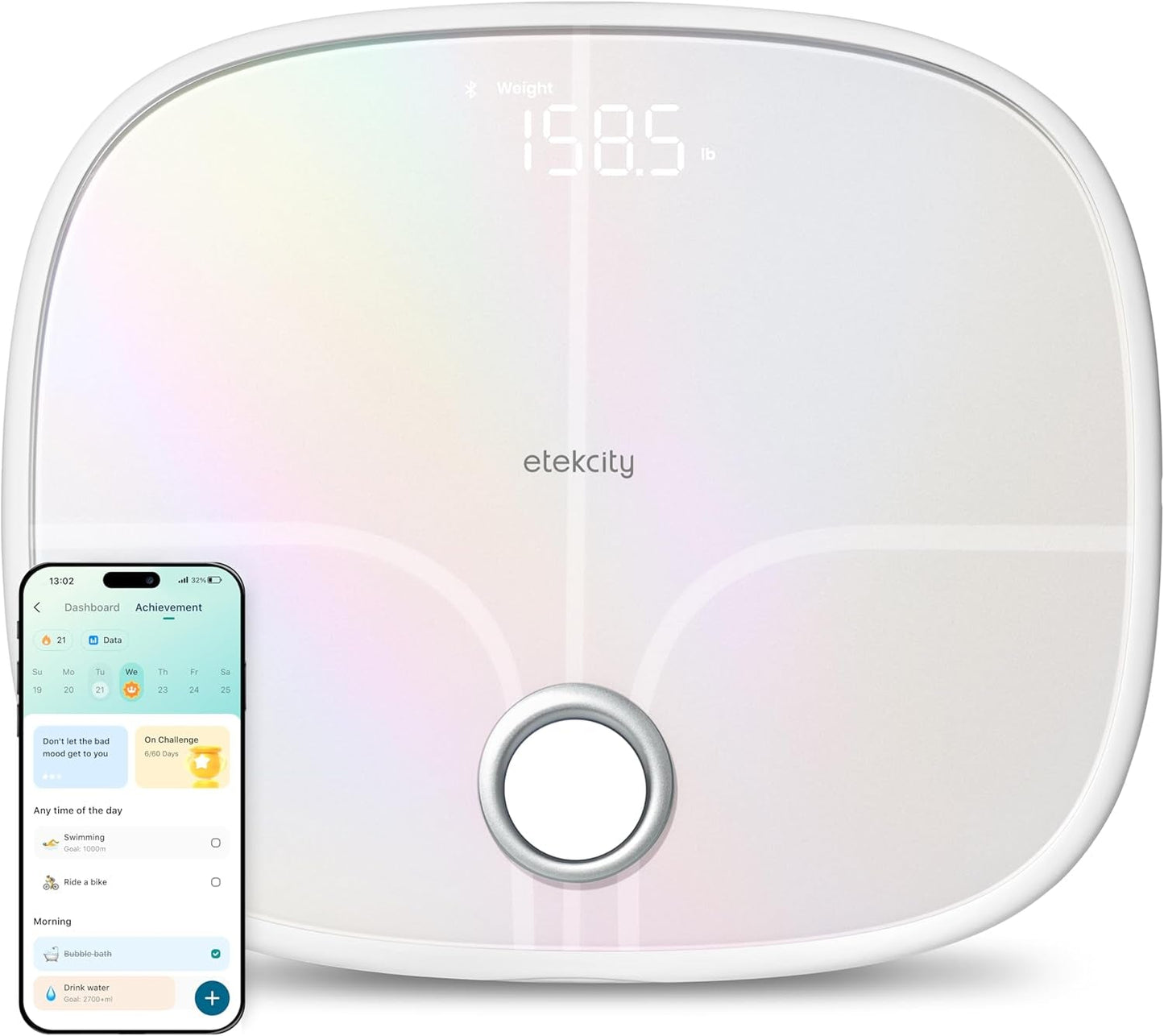 Smart Rechargeable Scale for Body Weight, BMI, Fat, Muscle Mass, FSA HSA Eligible, Digital Bathroom Scale with 13 Metrics, Secret Mode, Bluetooth Connect to Free Apps, Rainbow White
