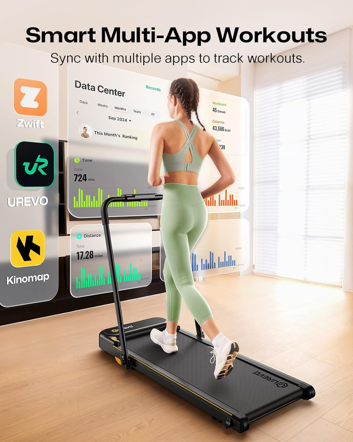 Smart 2-In-1 Folding Treadmill, Compact Walking Pad with Safety Handle, Plug and Play, Dual LED Display, Workout APP, Walking or Running for Home Office, Remote Included
