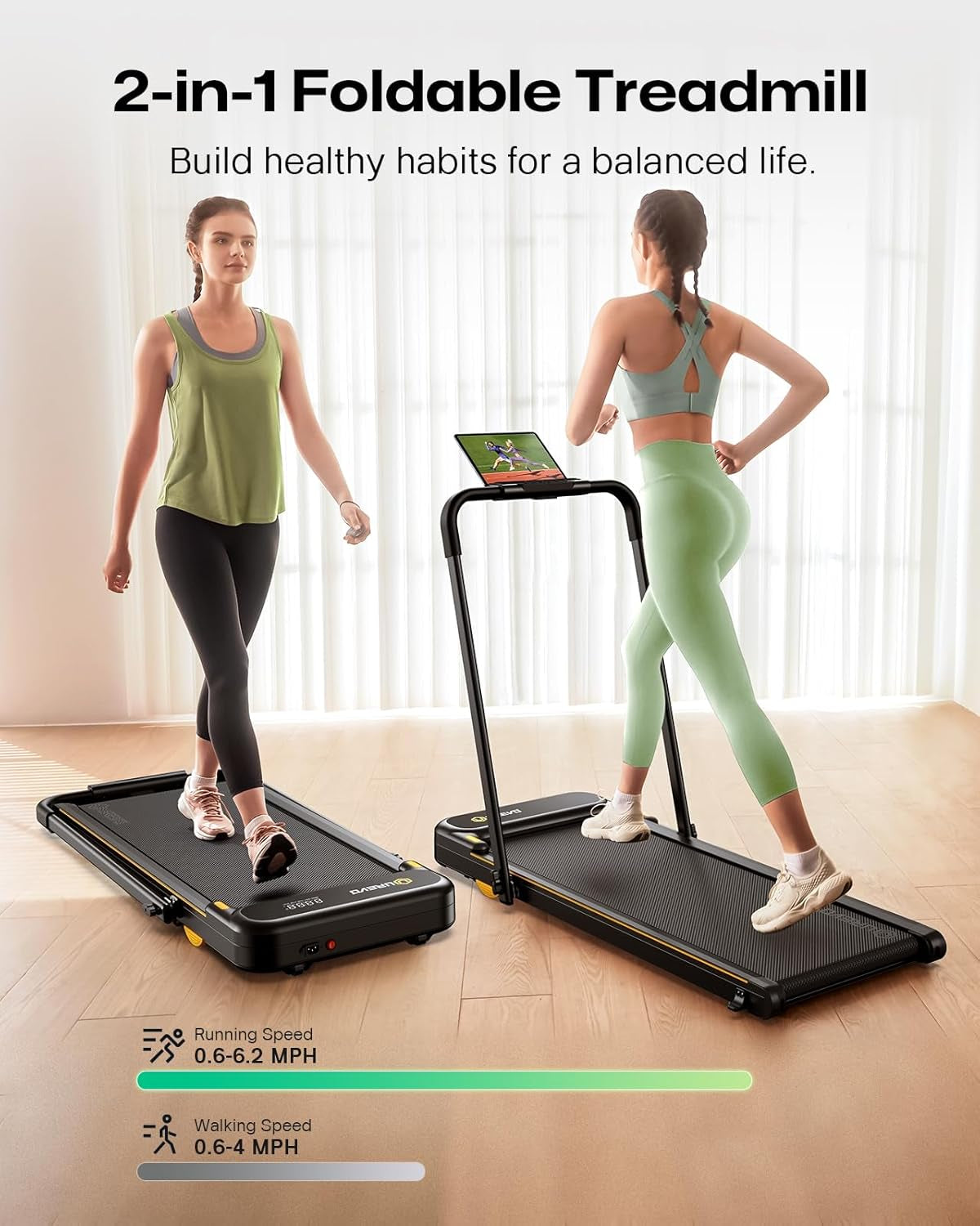 Smart 2-In-1 Folding Treadmill, Compact Walking Pad with Safety Handle, Plug and Play, Dual LED Display, Workout APP, Walking or Running for Home Office, Remote Included