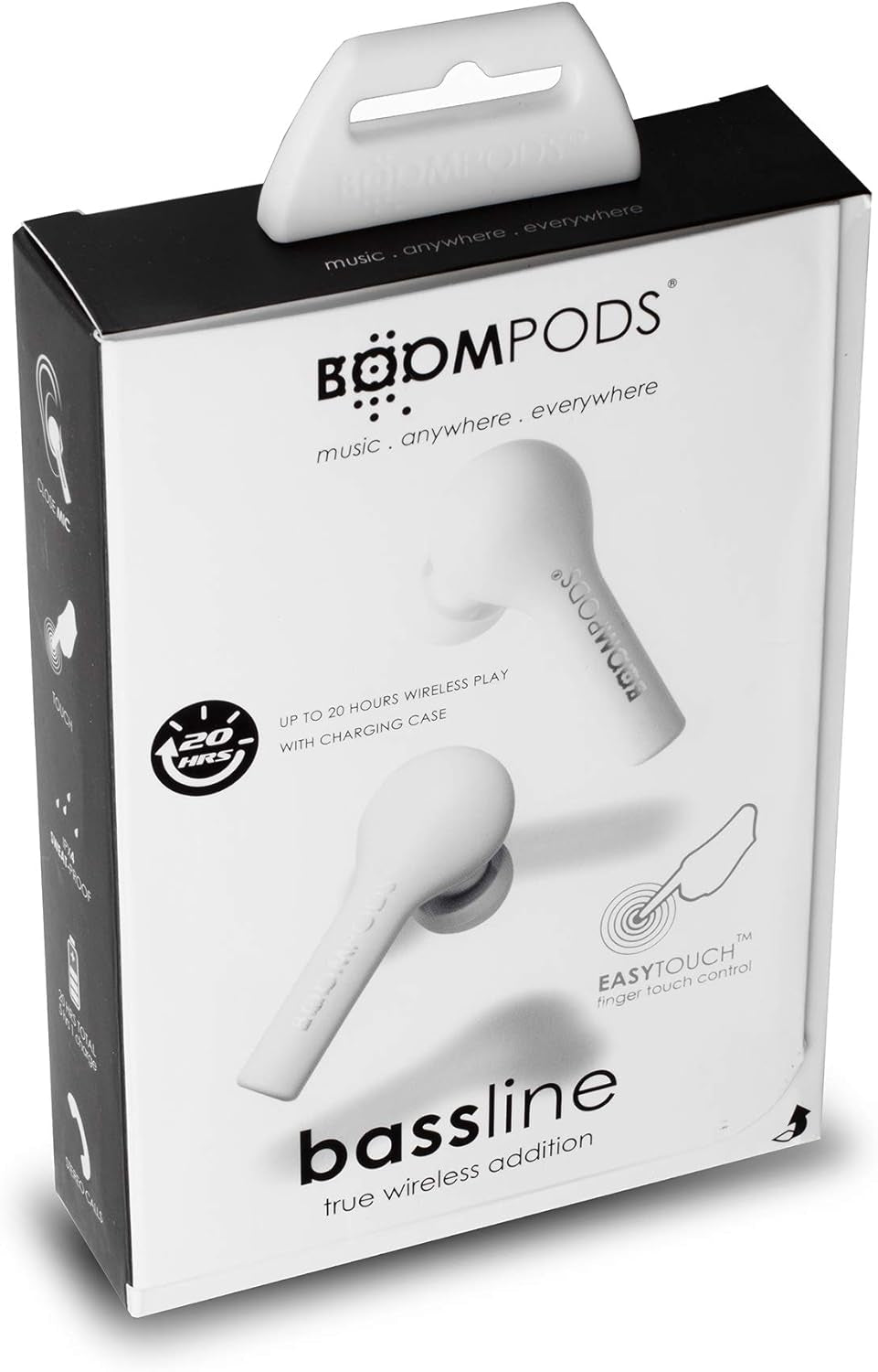 Bassline True Wireless Earbuds - Bluetooth In-Ear Headphones, Water/Sweat Resistant, Compact Travel Charging Case, Instant Connection, TWS (White)