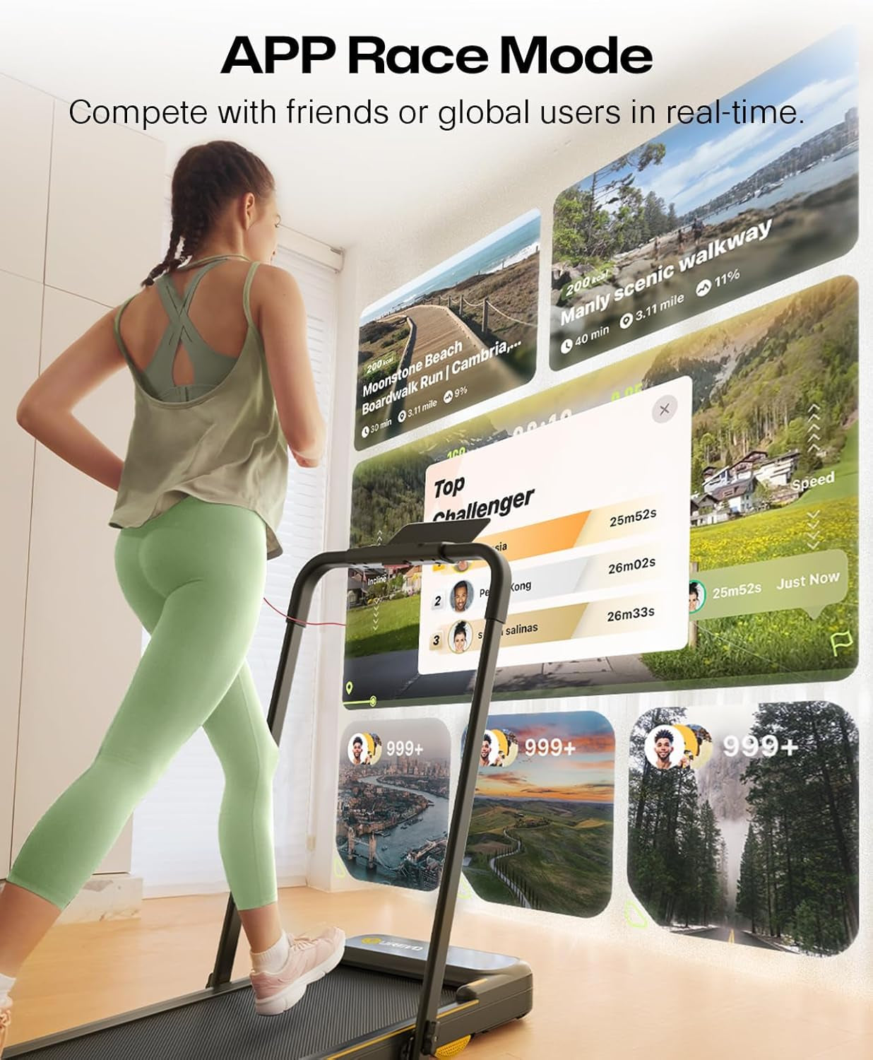 Smart 2-In-1 Folding Treadmill, Compact Walking Pad with Safety Handle, Plug and Play, Dual LED Display, Workout APP, Walking or Running for Home Office, Remote Included