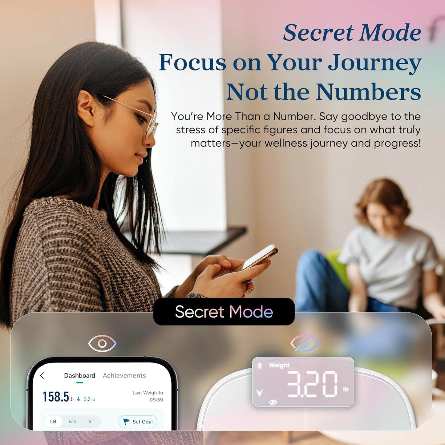 Smart Rechargeable Scale for Body Weight, BMI, Fat, Muscle Mass, FSA HSA Eligible, Digital Bathroom Scale with 13 Metrics, Secret Mode, Bluetooth Connect to Free Apps, Rainbow White