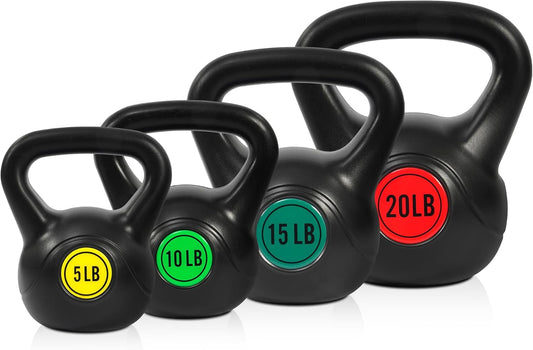 Wide Grip 3-Piece or 4-Piece Kettlebell Exercise Fitness Weight Set, Include 5 Lbs, 10 Lbs, 15 Lbs and 20 Lbs, Set of 3 or Set of 4