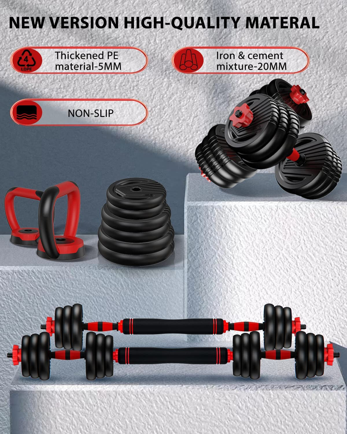 Adjustable Dumbbells, 10/25/35/55/70/90Lbs Free Weight Set with Connector, 4 In1 Dumbbells Set Used as Barbell, Kettlebells, Push up Stand, Fitness Exercises for Home Gym Suitable Men/Women