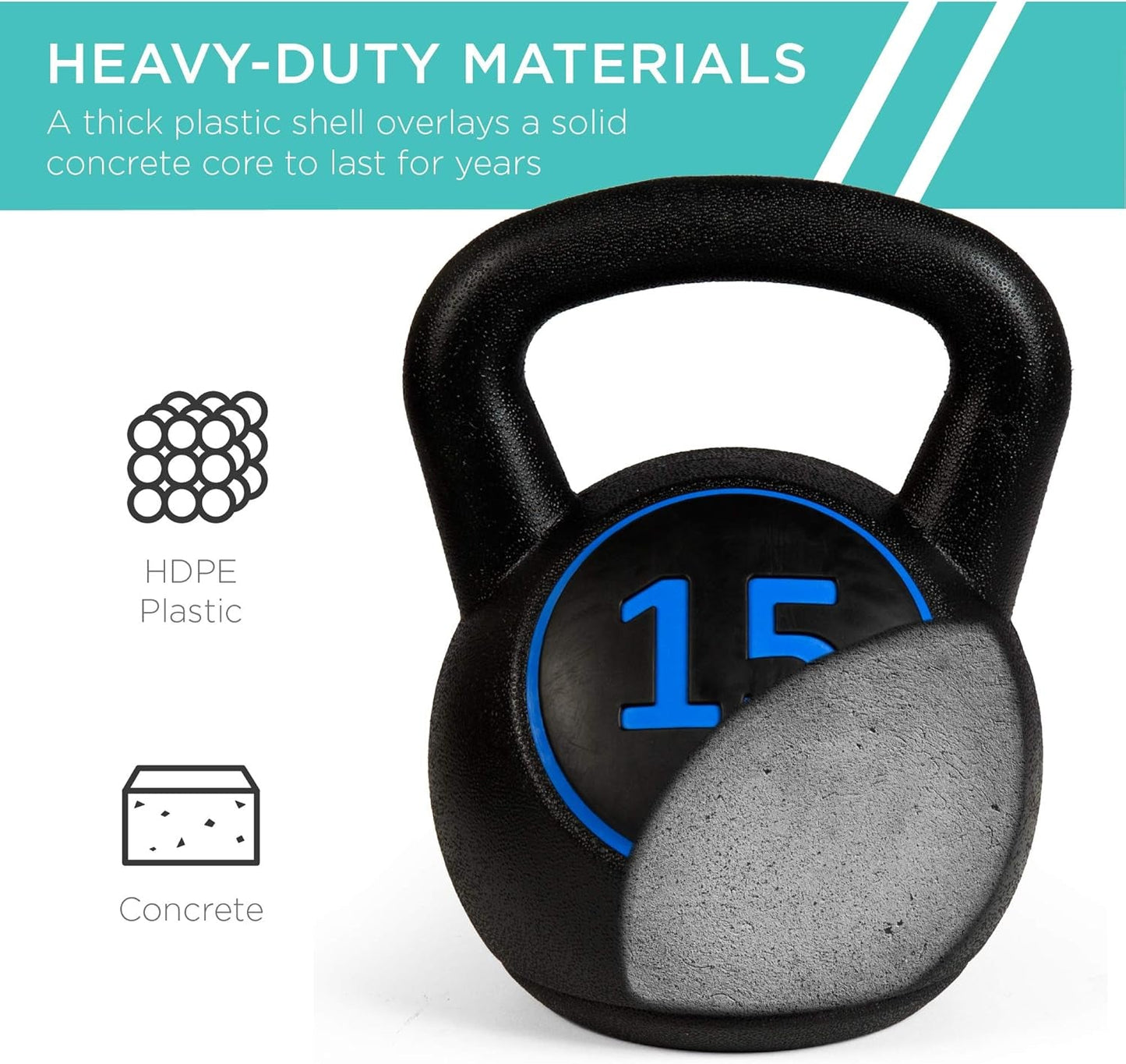 3-Piece Kettlebell Set with Storage Rack, HDPE Coated Exercise Fitness Concrete Weights for Home Gym, Strength Training, HIIT Workout 5Lb, 10Lb, 15Lb