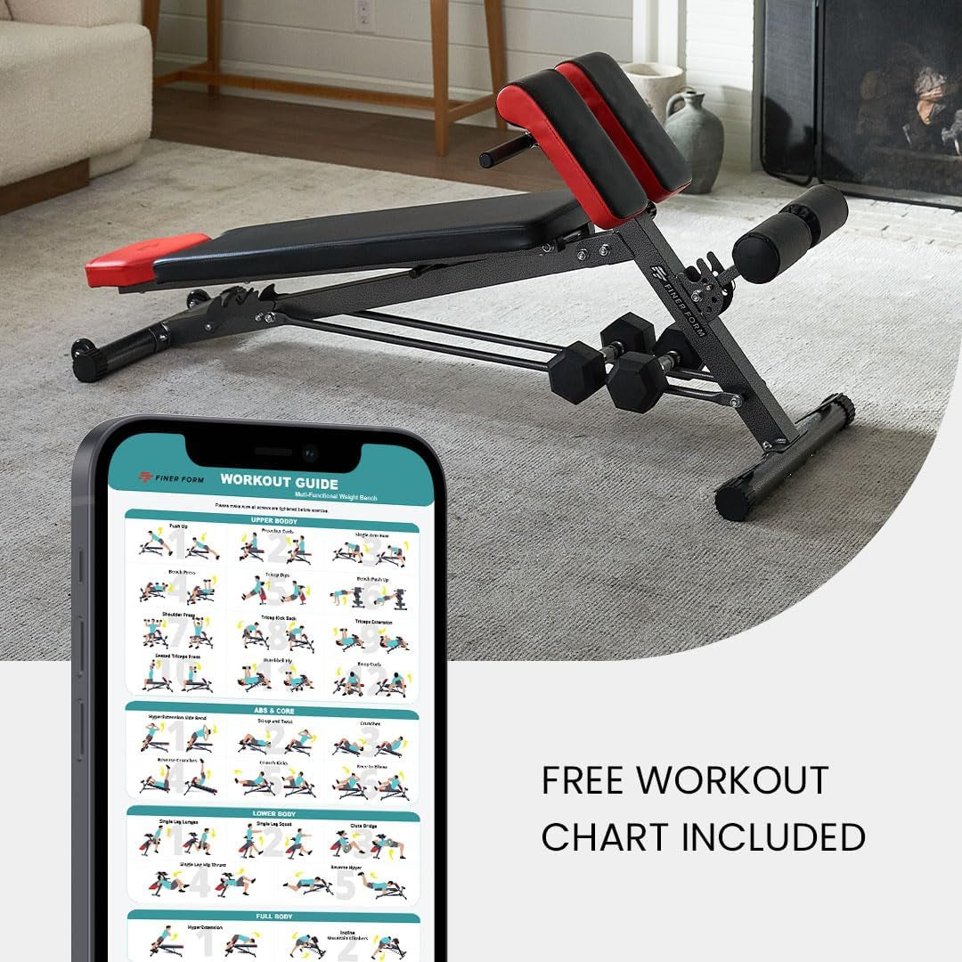 Finer Form Multi-Functional Weight Bench for Full All-In-One Body Workout – Versatile Adjustable Workout Bench for Home Gym. Fitness Equipment Perfect for Back Hyperextension, Bench Press, Roman Chair Exercise, Sit Up. Adjusts to Decline or Flat Bench.